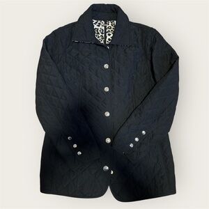Chico’s quilted snap Front Jacket Black with Leopard Lining brand size 0 (4-6)